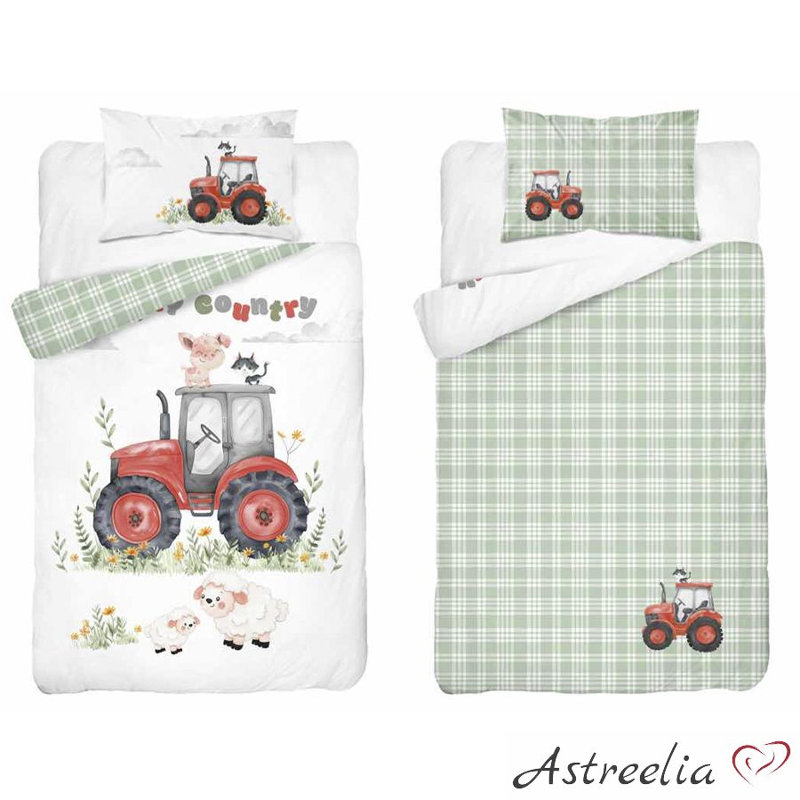 Mayamoo_5519_B Mayamoo lasten vuodevaatesetti 100x135 cm, 100% puuvillaa, Cheerful Tractor / B